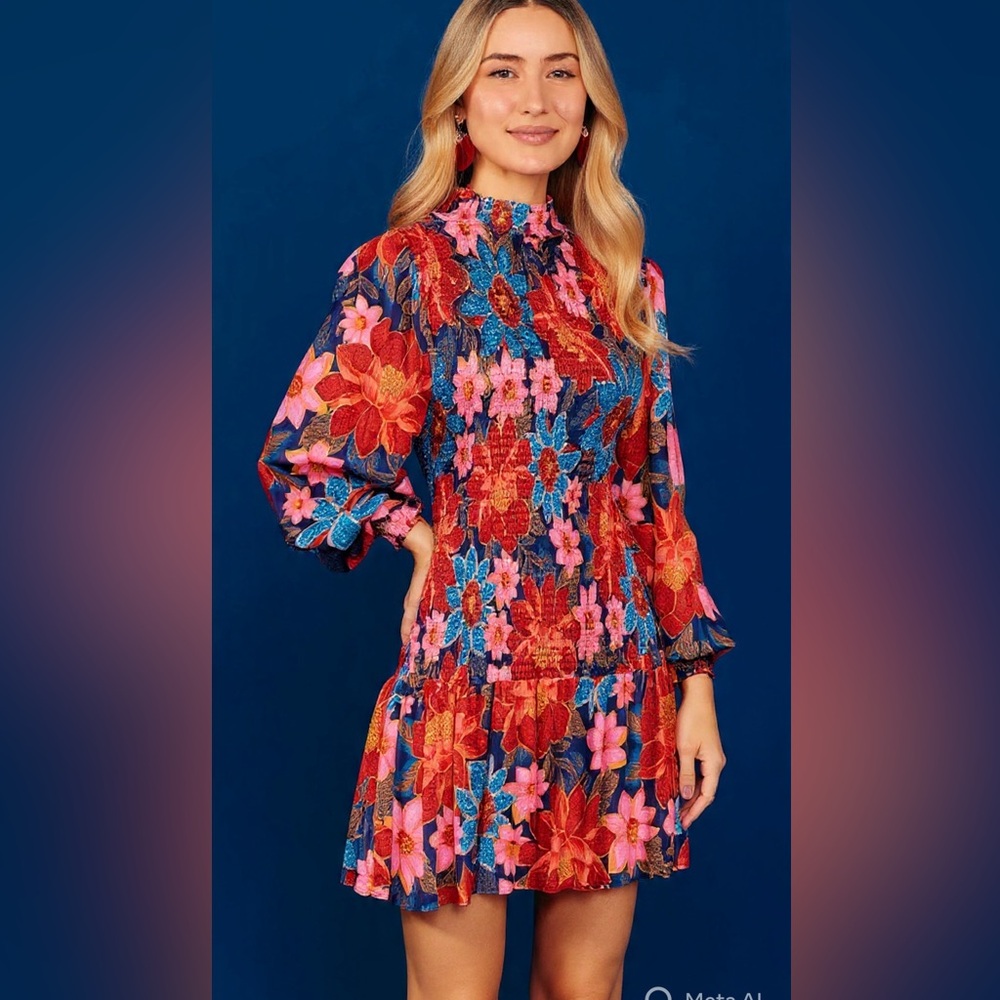 Farm Rio Sz M NWT Navy Garden Floral Long bold sleeves Dress